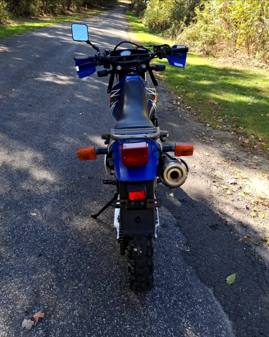 A blue dual-sport motorcycle photographed from behind on a road near Walden, New York.